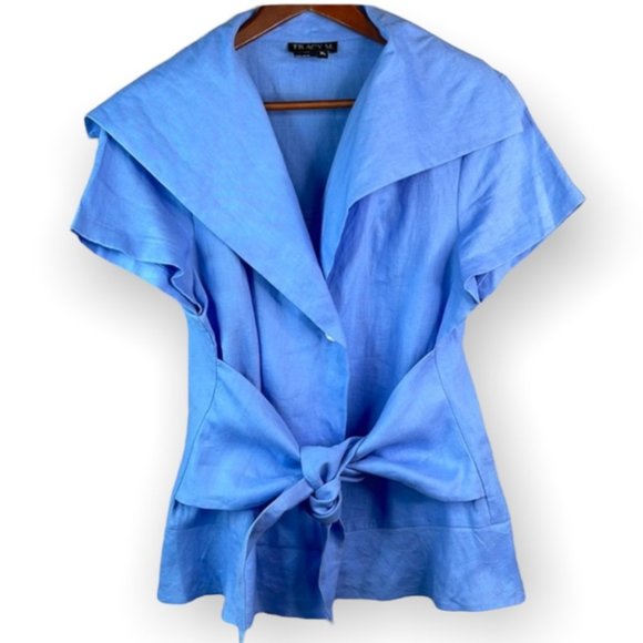 Tracy M Tops - Tracy M. blue wrap tied waist linen shirt sleeve blouse with large collar XL